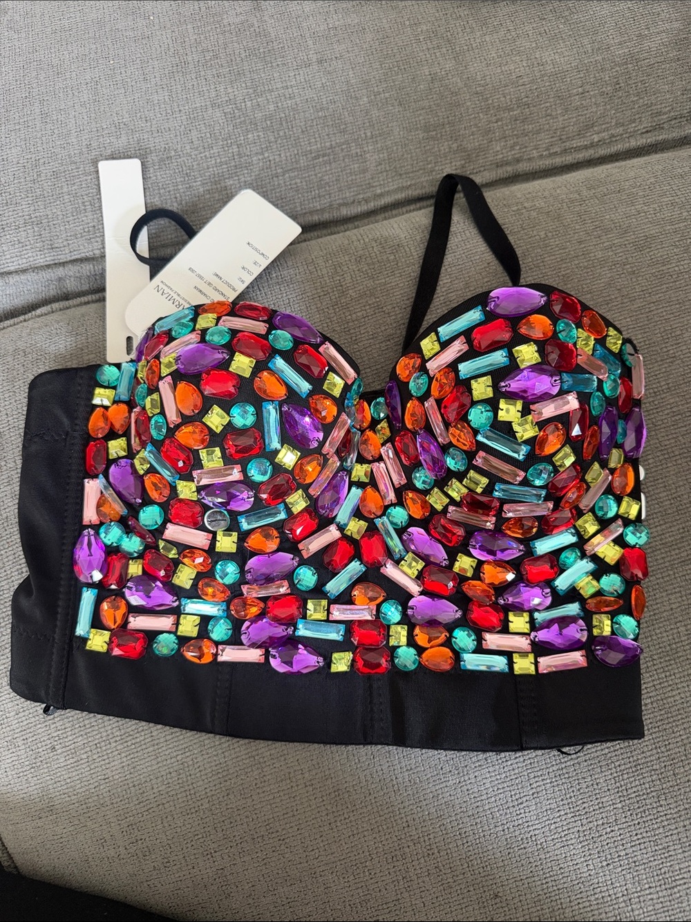 Black Bandeau Bustier with Multicolored Gem Embellishments